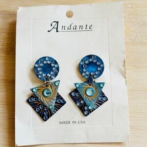 VTG BoHo Rhinestone Earrings Blue pierced Patina brass dangle enamel Statement